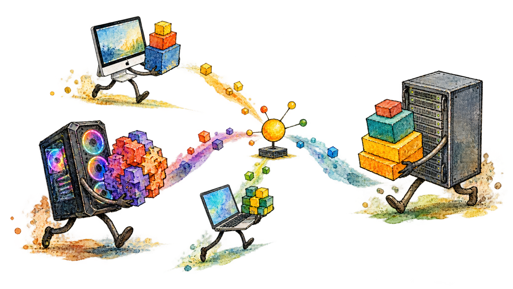 A mismatched procession of computers carrying different-sized model blocks toward a shared coordinator.