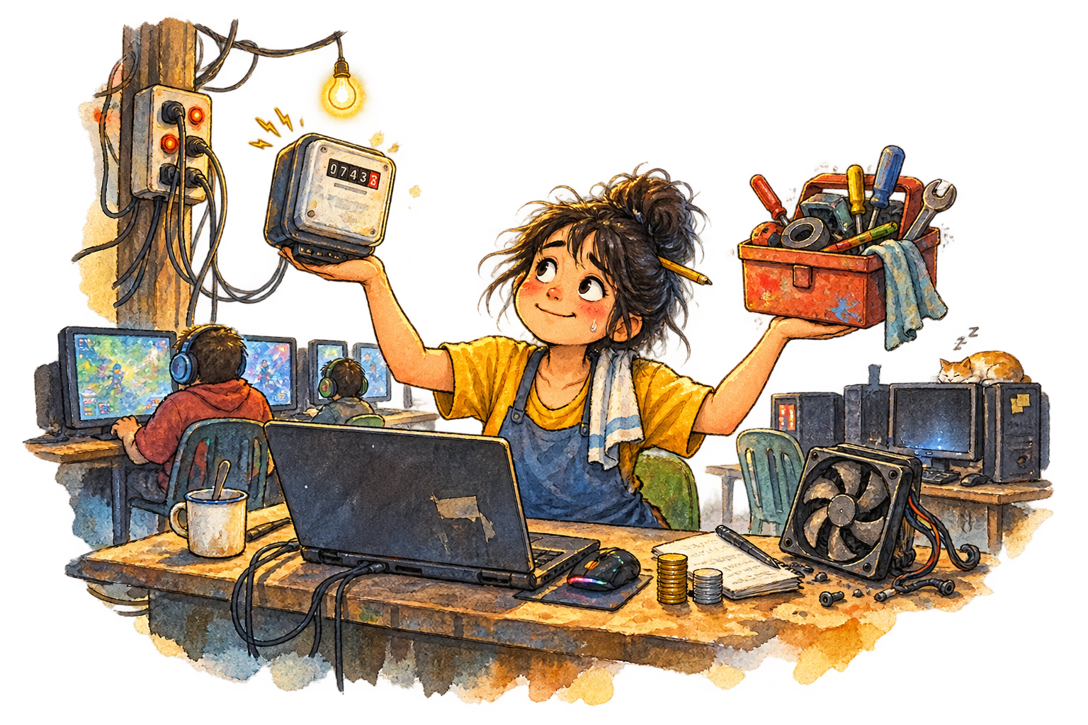 A cybercafe operator balancing an electricity meter, repair toolbox, worn fan, and a small stack of coins.