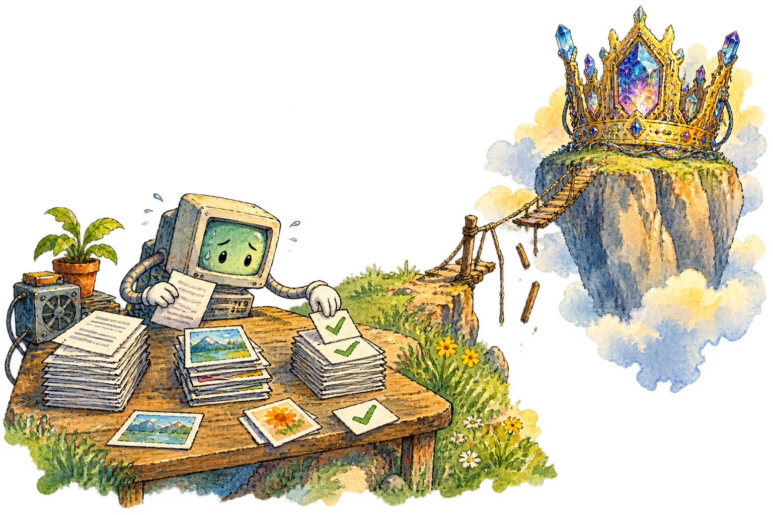 A modest computer sorting documents, images, and evaluation checks while a frontier-model crown remains out of reach.