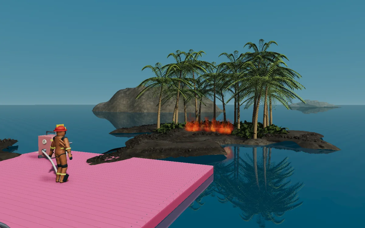 A firefighter in tan turnout gear on a pink deck facing a burning volcanic grove