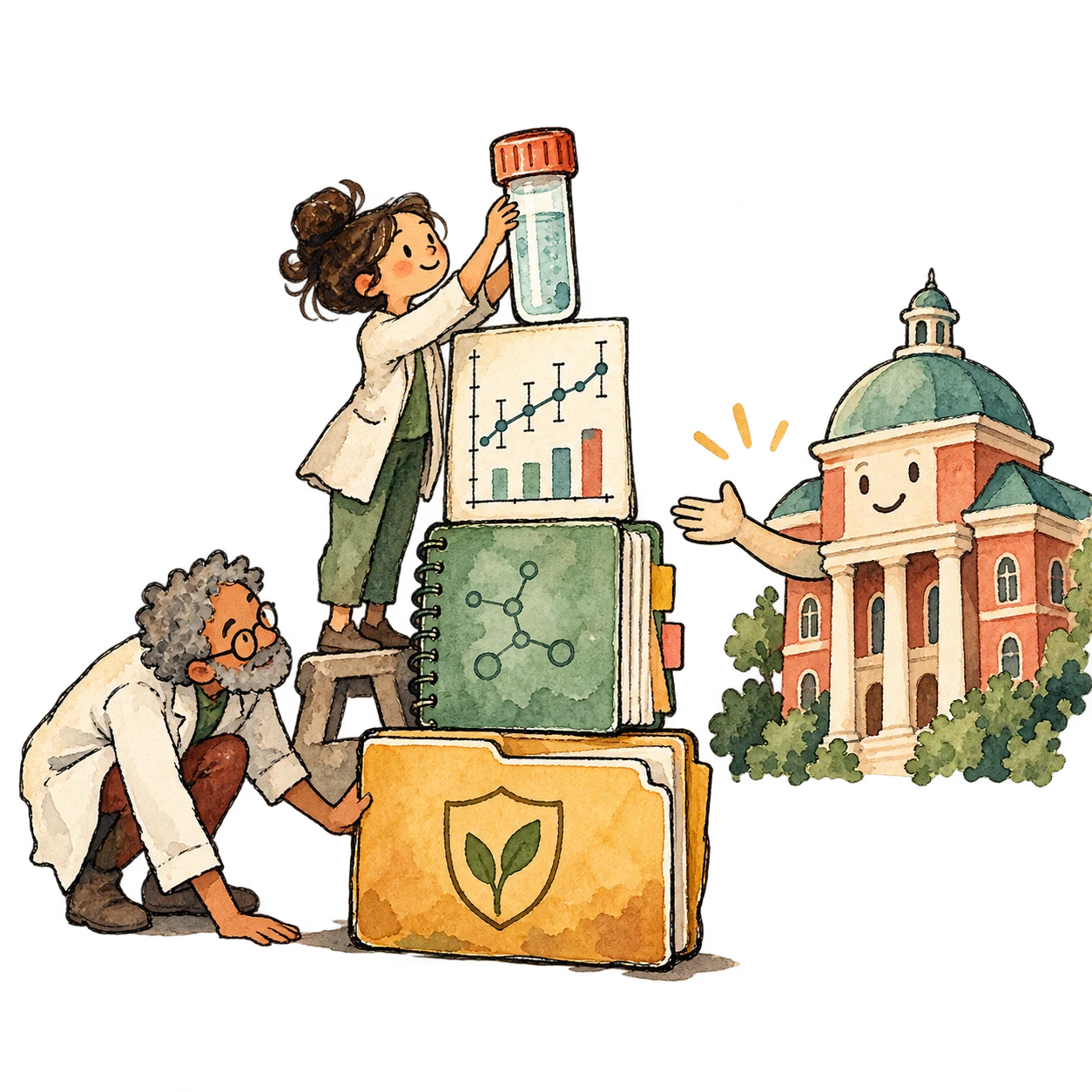 A scientist builds a transferable enterprise from samples, measured evidence, notebooks and rights, with an expert checking the foundation