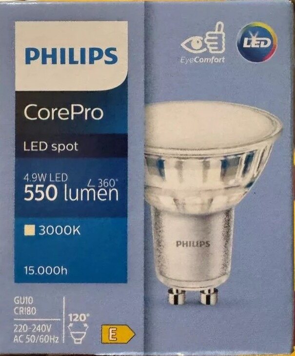 Philips CorePro GU10 4.9 watt 3000 kelvin 120 degree bulb box
